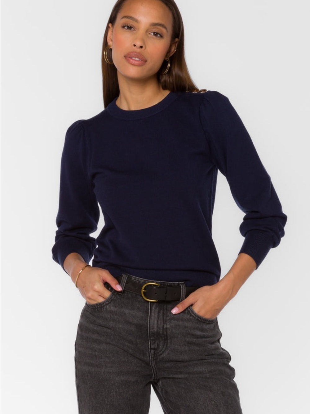 Velvet Heart LA Navy Blue Balloon Sleeve Sweater with Gold Plated Buttons XL